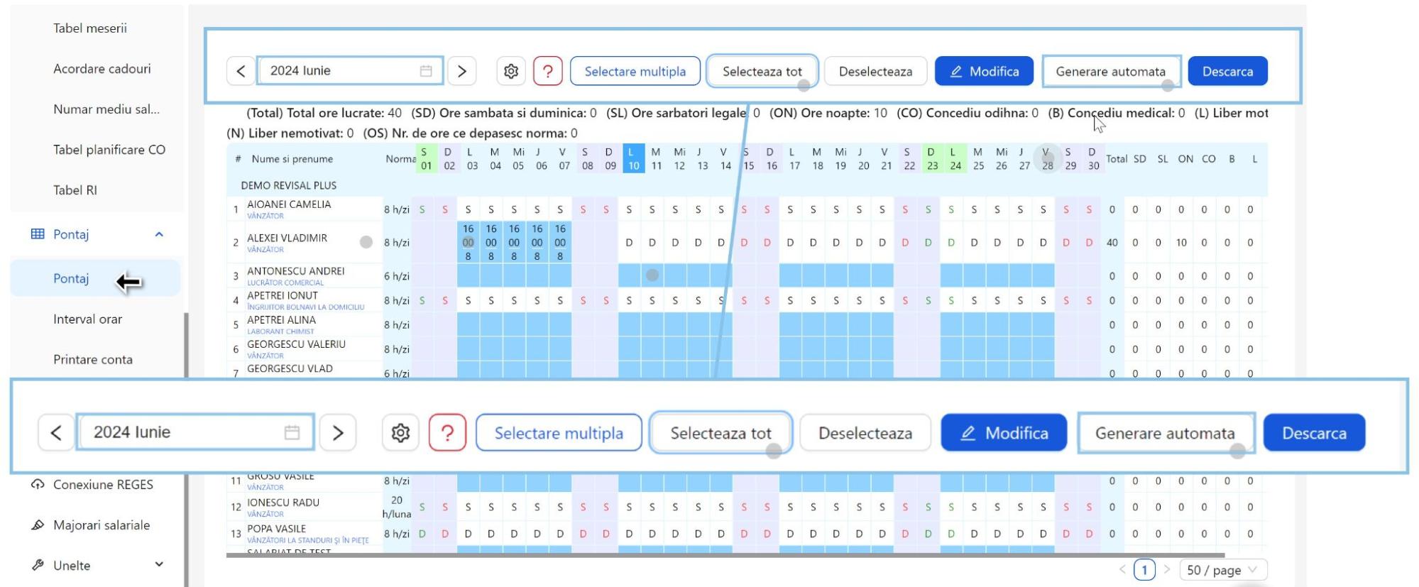 Meniul tabelului de pontaj, cu posibilitate de filtrare, sortare si generare automata