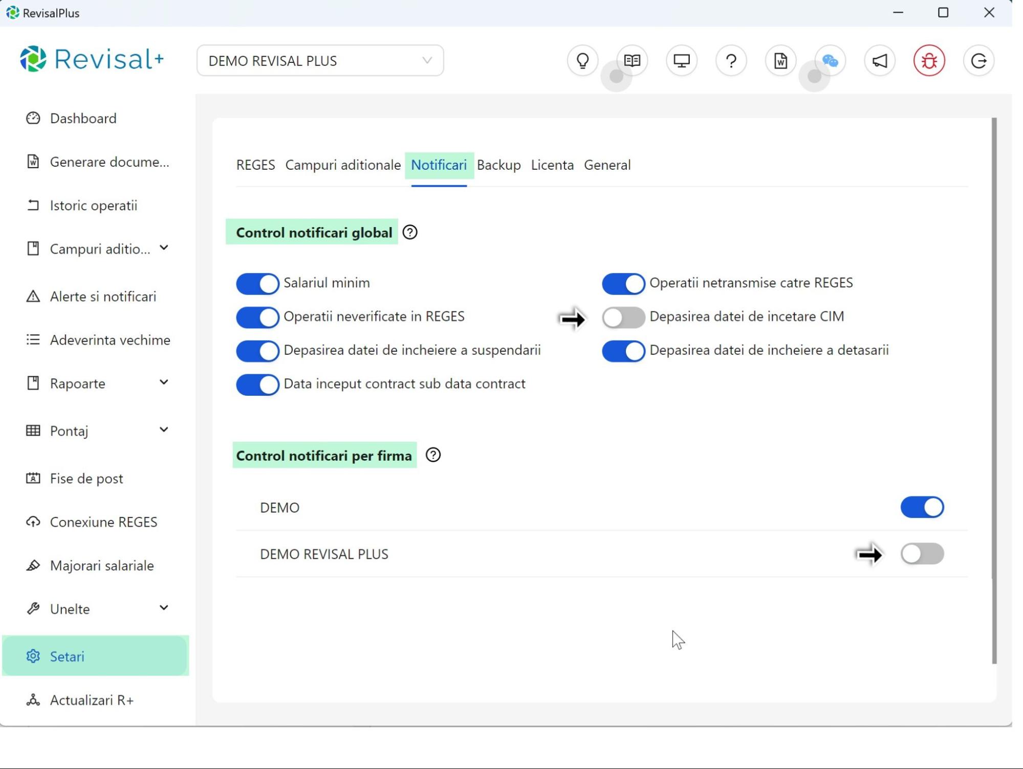 Configurarea notificarilor si alertelor precum salariul sub minimul pe economie, registru RVS netransmis, depasirea datei de incheiere a suspendarii s.a.