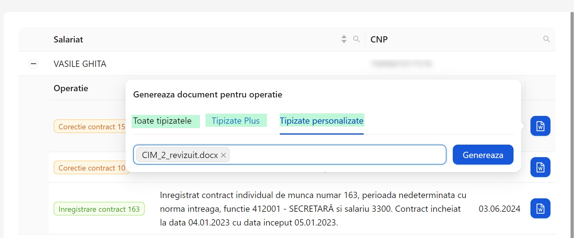 Generare documente cu tipizate personalizate in Revisal Plus