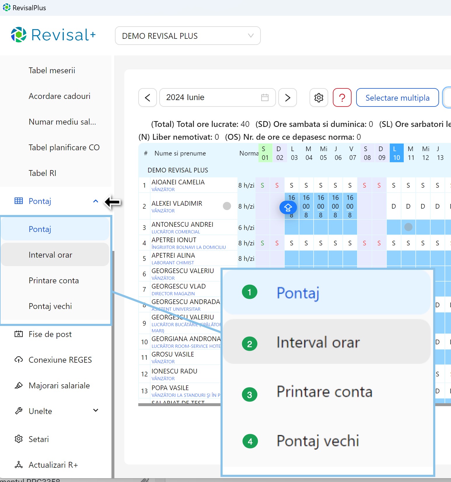 Meniul sectiunii de pontaj, cu interval orar si printare contabilitate