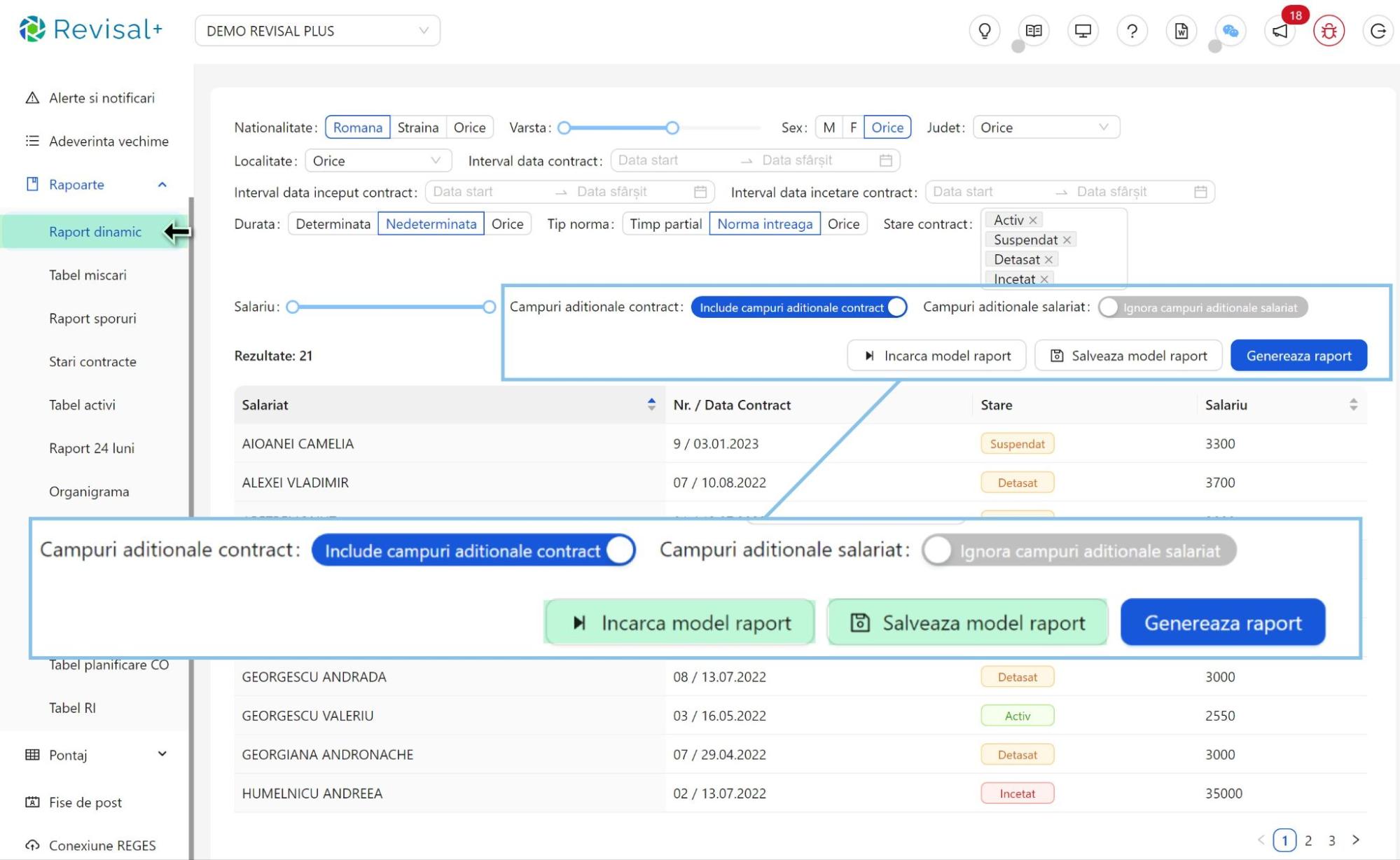 Raportul dinamic customizabil cu nationalitate, durata contract, date de inceput/sfarsit contract salariu, s.a.