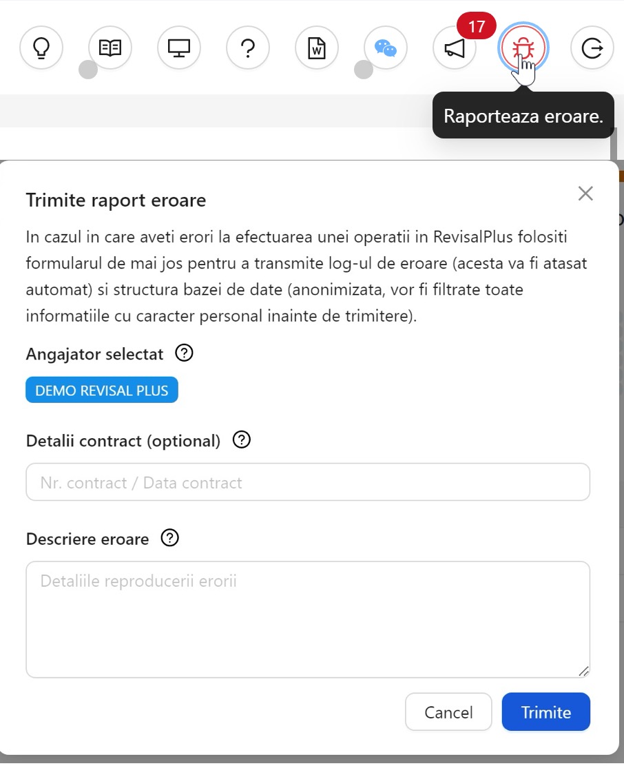 Formularul de raportare eroare din Revisal Plus