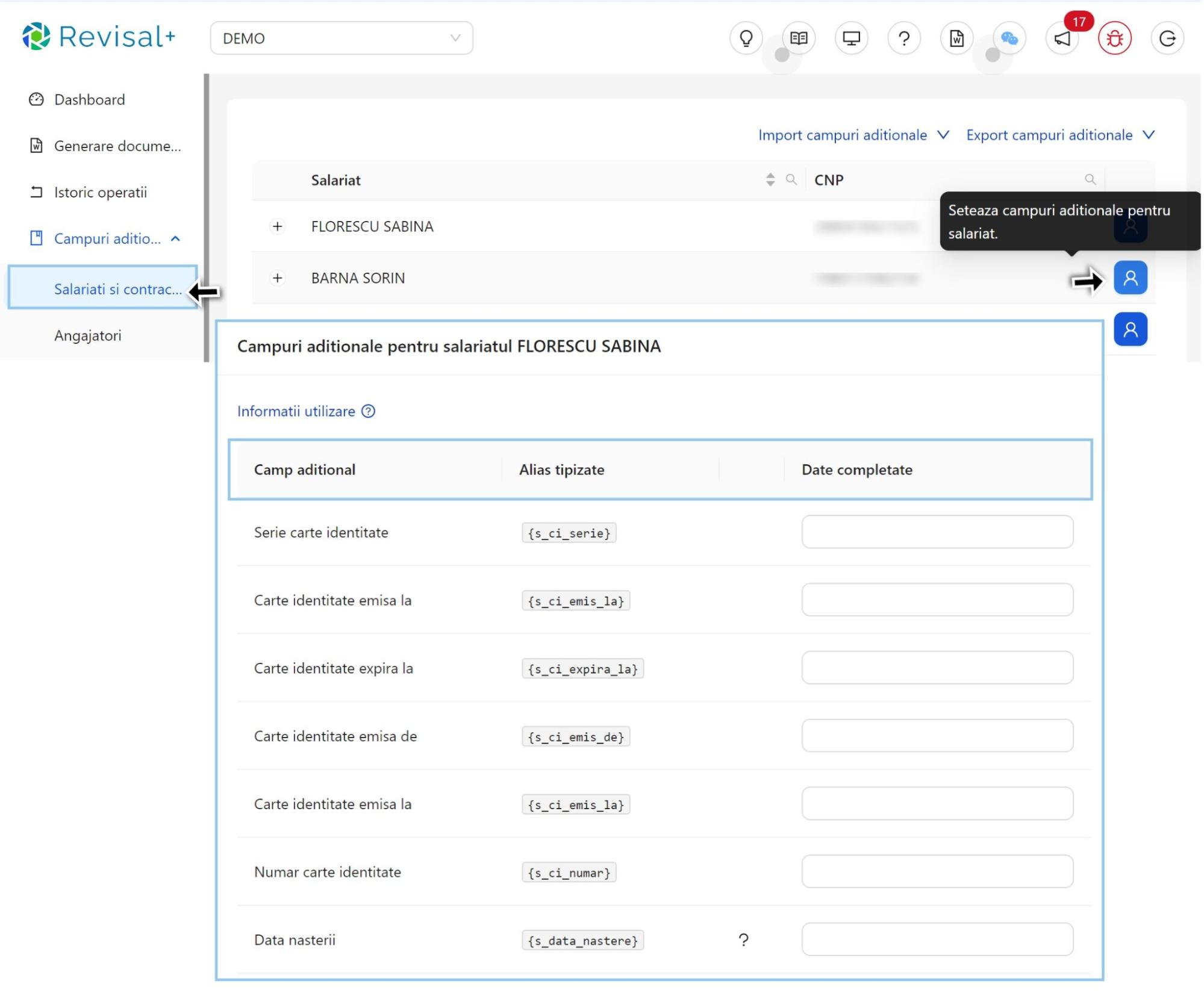 Setarea campurilor aditionale pentru salariati in Revisal Plus