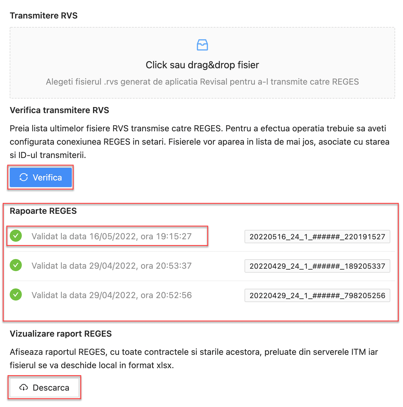 Lista cu transmiterile REGES valide preluate de la ITM