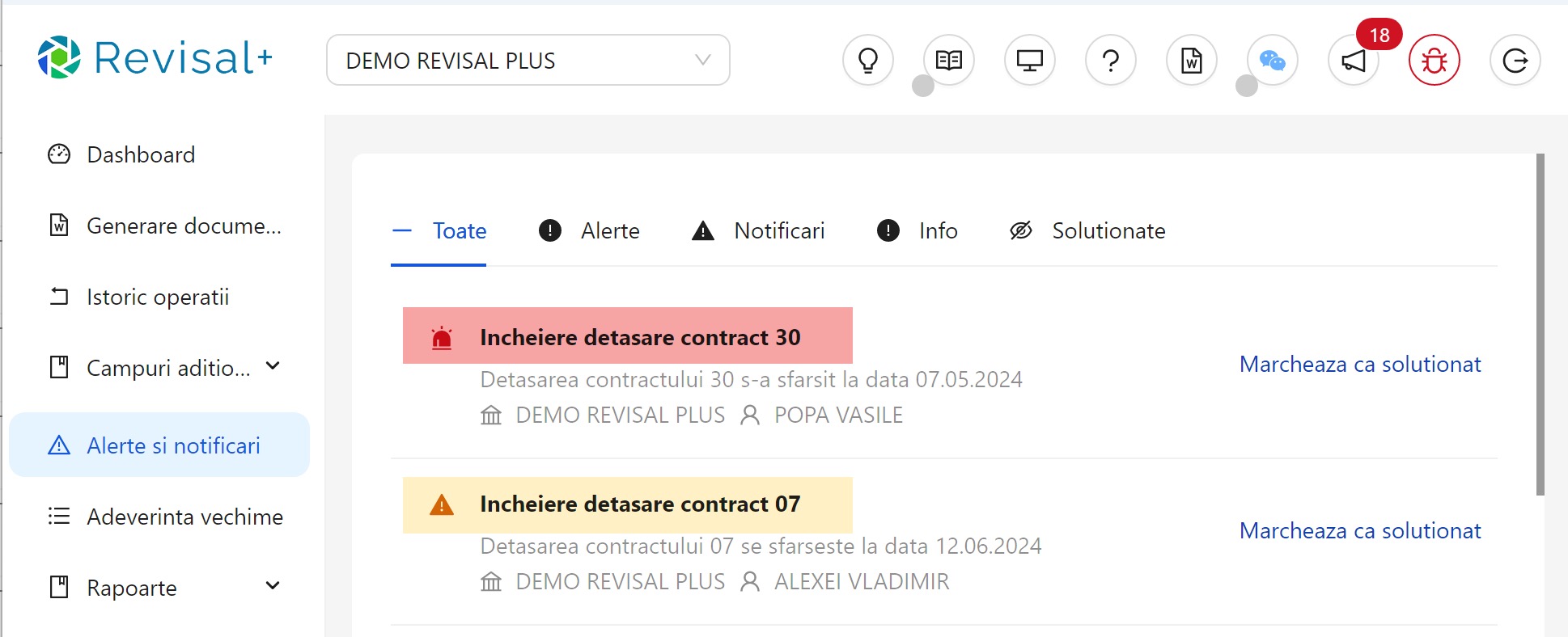 Lista cu notificari si alerte in Revisal Plus, incetare detasare