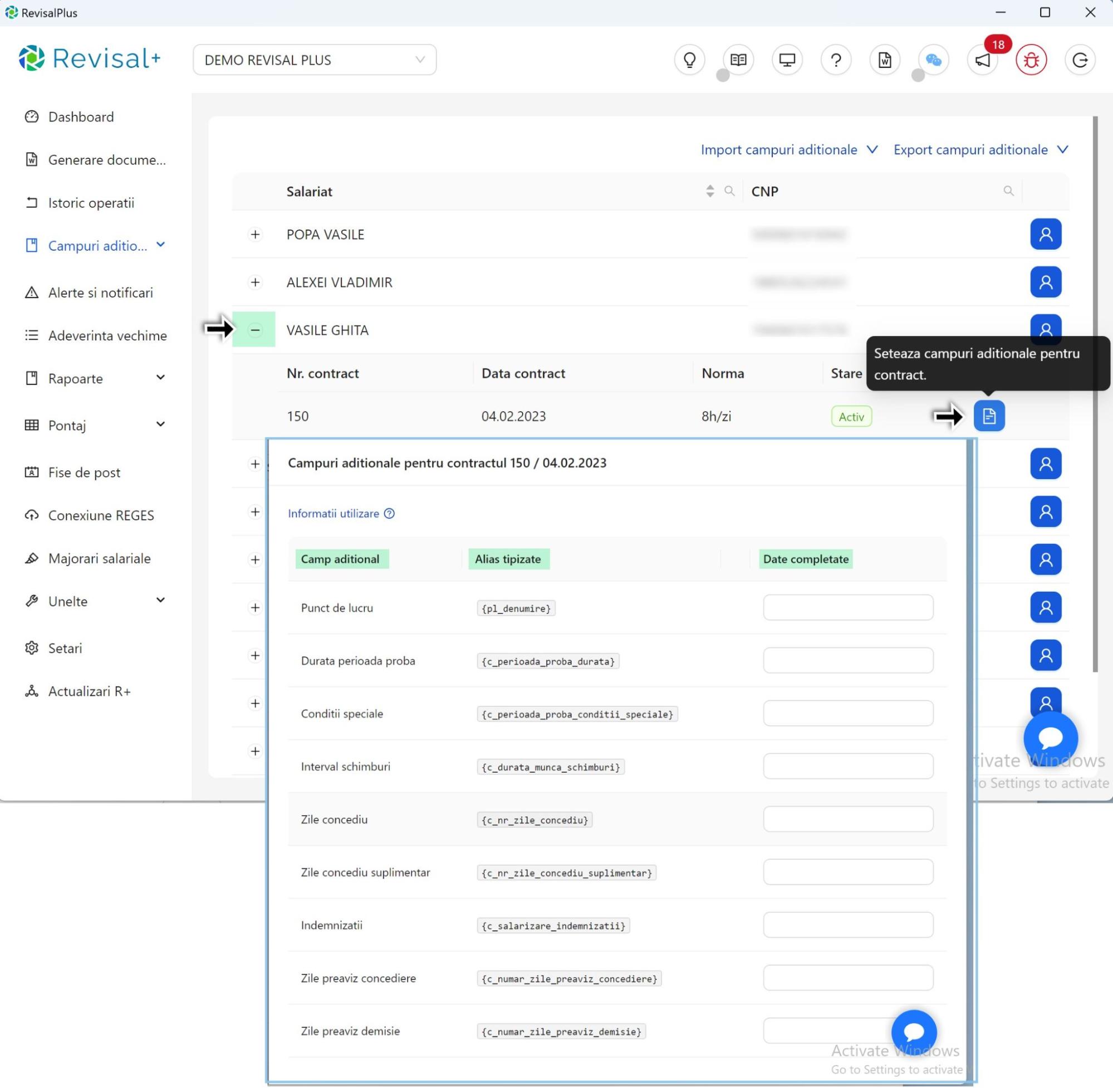 Setarea campurilor aditionale pentru contracte in Revisal Plus