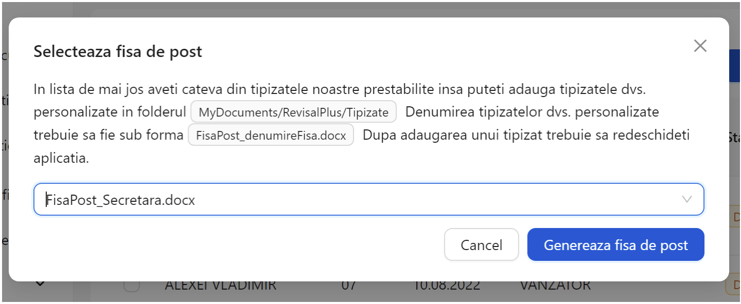 Selectarea tipizatului de fisa de post din Revisal Plus