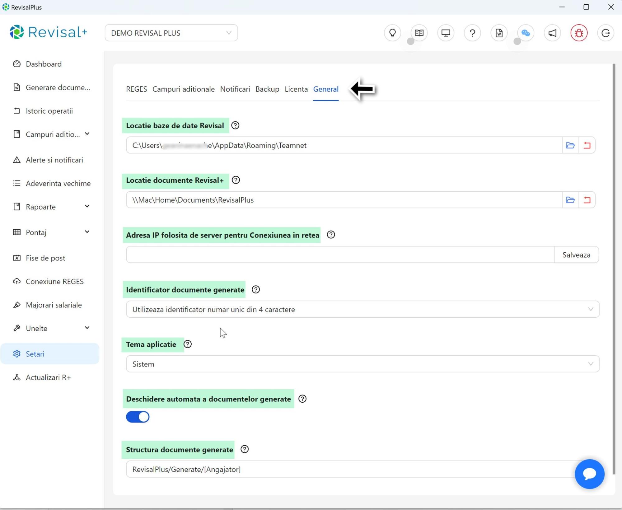 Setari generale ale aplicatiei Revisal Plus 